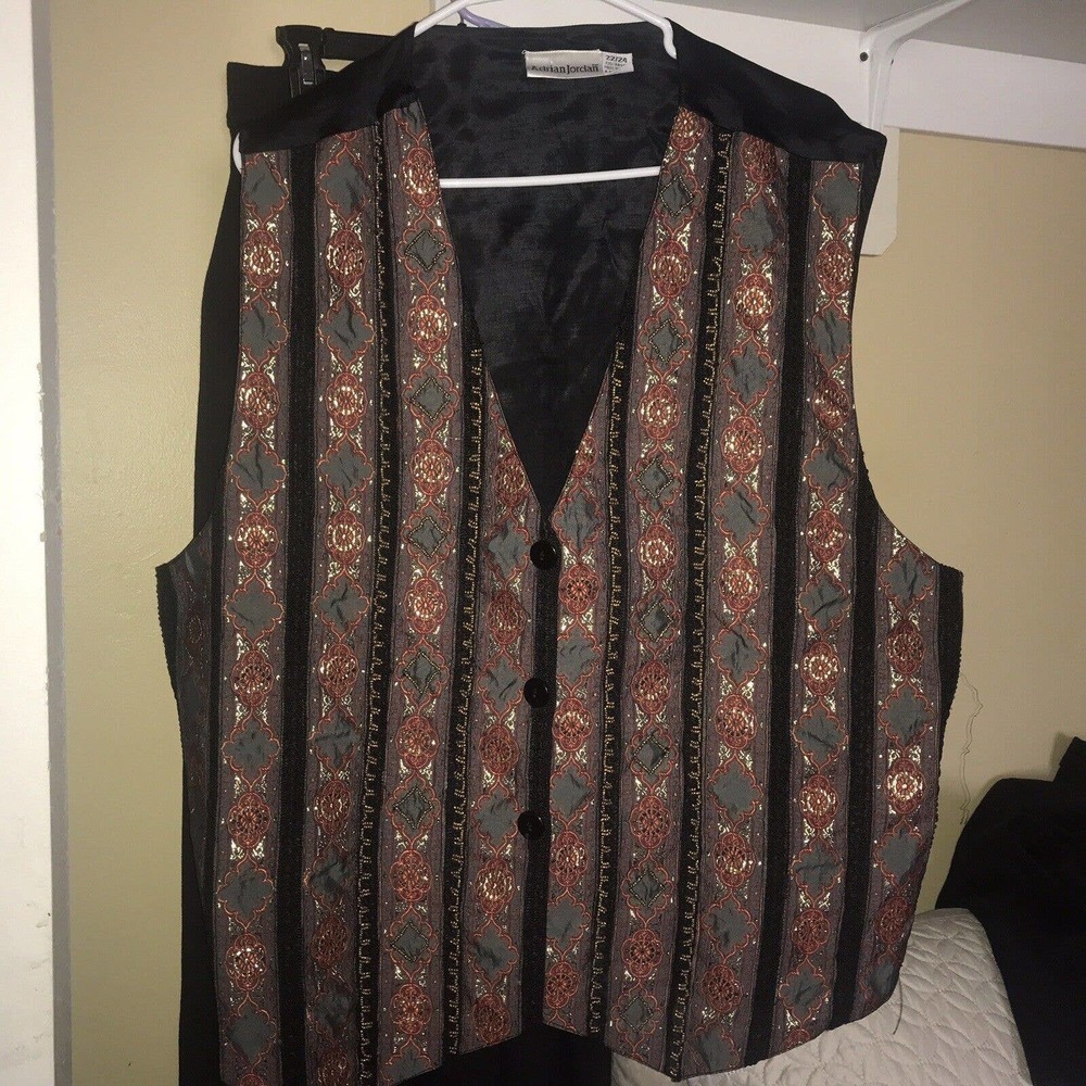 Adrian Jordan Vest WSz22/24 Rayon Holiday Stirpe Button Front Blk Back NWOT